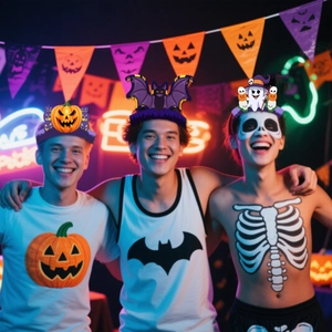 Halloween party headbands featuring pumpkin, bat, and ghost designs on male models