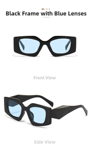 Detail view of geometric black frame sunglasses with blue lenses and textured temples