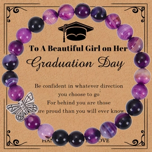 Natural Stone Beaded Bracelet With Butterfly Charm Graduation Gift For Students Inspirational Message Card Elastic Jewelry
