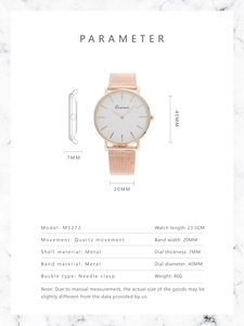 Detailed specifications of Geneva M0273 rose gold mesh strap quartz watch with 40mm dial