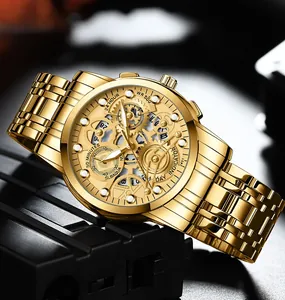 Macro view of gold hollow mechanical watch dial with intricate gears and steel strap