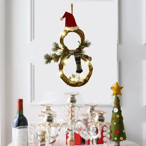 Christmas snowman rattan wreath with LED lights, festive red scarf and pine needles