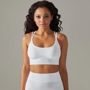 Detail of ribbed knit seamless sports bra with U-neck design for fitness and yoga