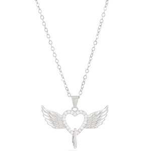 Silver angel wing heart pendant necklace with white zircon stones on a white background