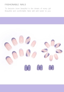 Detail of pink and purple wavy press-on nails with French tip design and glossy finish