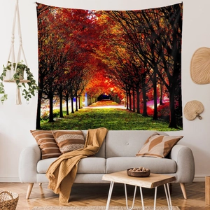 Macro detail of high-definition autumn forest tapestry hung over a modern sofa