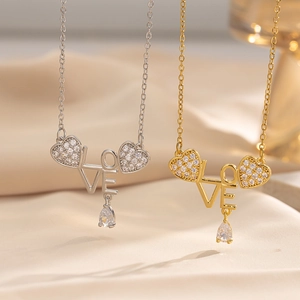 Love Heart Letter Pendant Necklace Stainless Steel Zirconia Rhinestone Elegant Fashion Jewelry Gift For Women