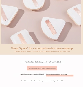 Three shapes of Rubycell makeup puffs including round, triangle, and D-shape for foundation