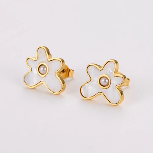 Elegant gold flower earrings with white pearl centers and mother of pearl petals