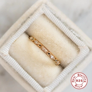 Detail view of marquise cut zircon vintage sterling silver ring in velvet box