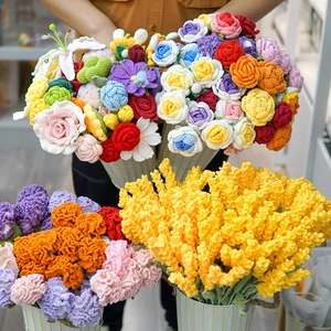Handcrafted crochet flower bouquet featuring colorful roses and carnations in a metal vase