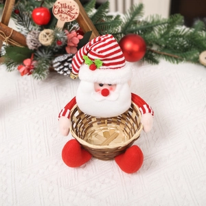 Christmas Santa Claus themed bamboo storage basket with festive plush red hat decorations