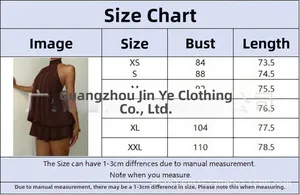 Detailed size chart for halter chiffon mini dress featuring XS to XXL measurements