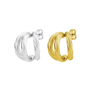 Three-line twisted rope hoop earrings in polished gold and silver stainless steel
