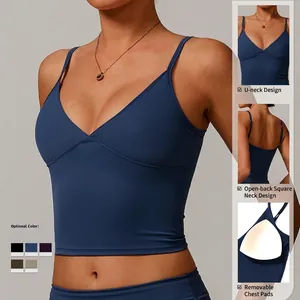 Navy blue sports yoga vest with U-neckline, hollow square back design and removable pads