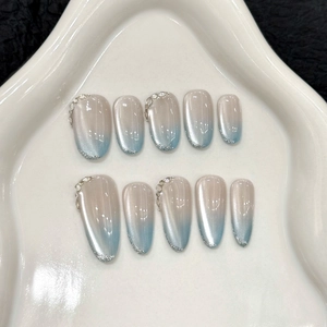 Blue Cat Eye Press On Nails Handmade Gradient Sea Salt Ice Crystal Rhinestone Glitter Oval Fake Nails For Women