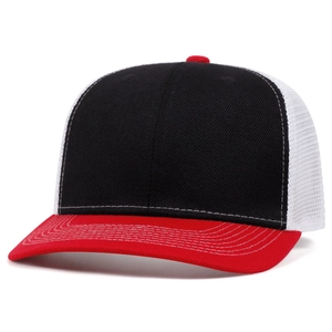 Three-tone trucker hat with black front, white mesh back, and red brim for street style