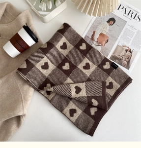Detail of soft brown heart pattern knitted scarf with premium cashmere-like texture