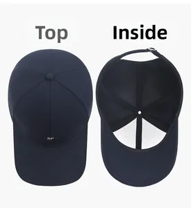 Top and interior detail of navy blue cotton baseball cap with SP logo and inner lining