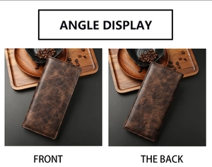 Front and back macro views of vintage brown leather long wallet with detailed stitching