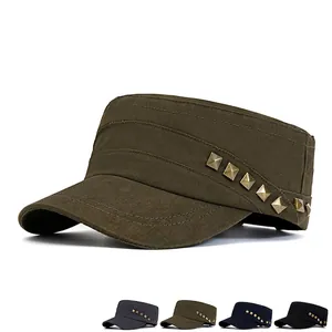 Classic cotton flat top military cap with metal rivets for outdoor sun protection