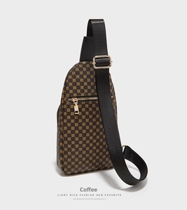 Detail of coffee brown crossbody bag with geometric pattern and golden zipper closure