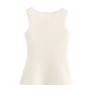 Elegante gilet in maglia crema senza maniche con design monopetto e trama a coste