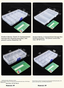 Detailed comparison of transparent 3, 10, and 15 grid PP plastic storage boxes with blue clips