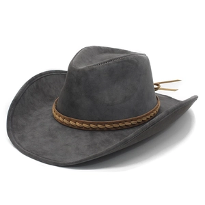 Dark grey western cowboy hat with wide brim and braided leather band on white background