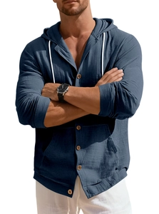 Detail view of men's navy blue linen hoodie shirt with wood buttons and kangaroo pocket
