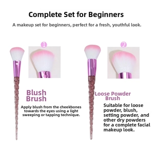 Detail of pink gradient bristles and unicorn spiral handle on makeup brushes set