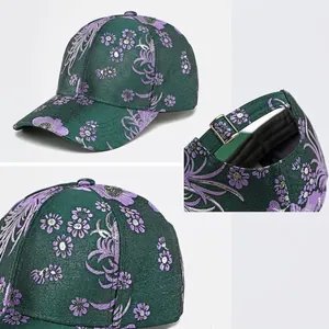 Vintage green satin baseball cap with purple floral embroidery and metal buckle details