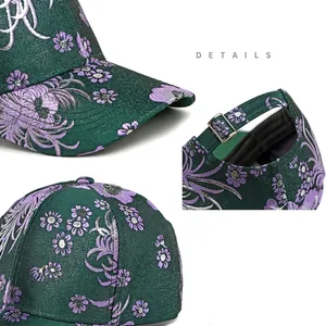 Vintage green satin baseball cap with purple floral embroidery and metal buckle details