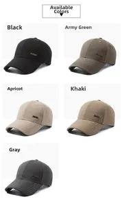 Dettaglio di berretti da baseball nei colori nero, verde militare, albicocca, kaki e grigio