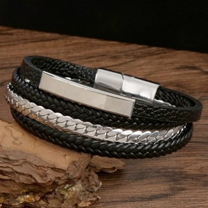 Men's multilayered black woven leather bracelet with silver metal chain and magnetic clasp
