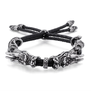 Bracelet pour homme en cuir tressé double tête de dragon avec fermoir ajustable en acier
