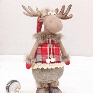 Standing Christmas reindeer plush doll with red grey plaid sweater and festive knit hat