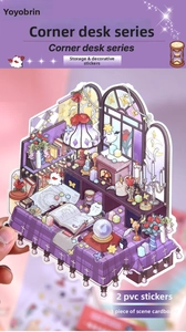 Detail showing hand-drawn magic desk 3D stickers with PVC sheets and scene background card