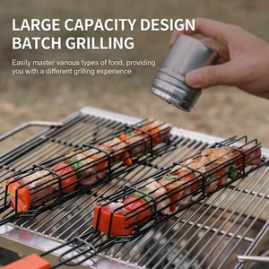 Portable stainless steel BBQ grilling baskets with wooden handles for outdoor roasting