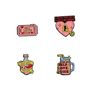 Set of 4 pink Self Love enamel pins featuring heart lock and potion bottle designs