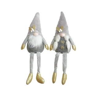 Set of two grey Christmas gnomes with striped legs and gold festive accents for home decor