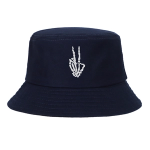 Cappello a secchiello in cotone blu scuro con ricamo bianco a dita di scheletro