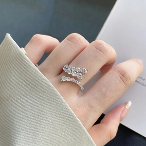 Detail of S925 sterling silver multi-layer open ring with sparkling cubic zirconia stones
