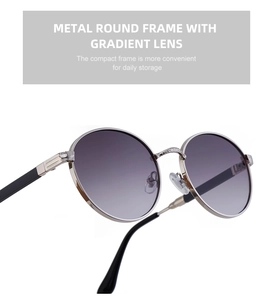 Detail view of silver round metal frame sunglasses with purple gradient lenses