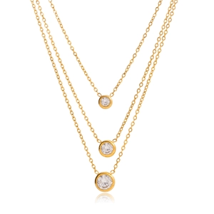 Three-layer gold stainless steel necklace with graduated zircon bezel pendants