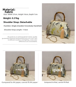 Detail of green silk embroidered bag with bamboo handle and sizing chart comparison