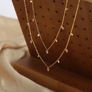 French style gold plated titanium steel layered necklace with zircon rectangle pendants