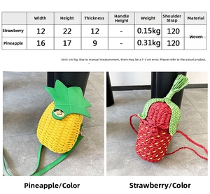 Size chart for woven strawberry and pineapple bucket bags with specific dimensions