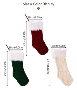 Size chart for knit Christmas stockings showing 43cm and 46cm length with plush cuffs