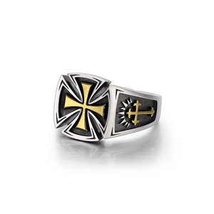 Retro gothic silver cross ring for men with gold accents in industrial biker style